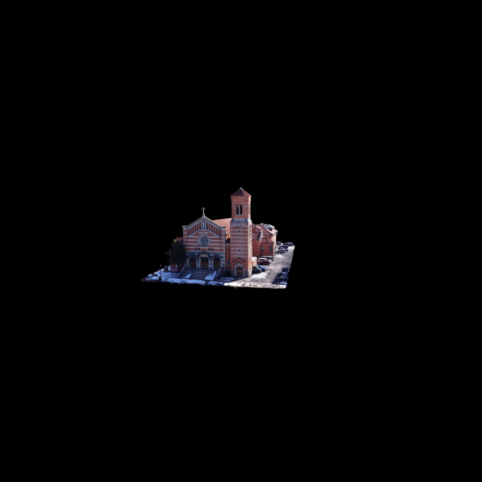 Church exterior and surrounding grounds — 3D scene preview