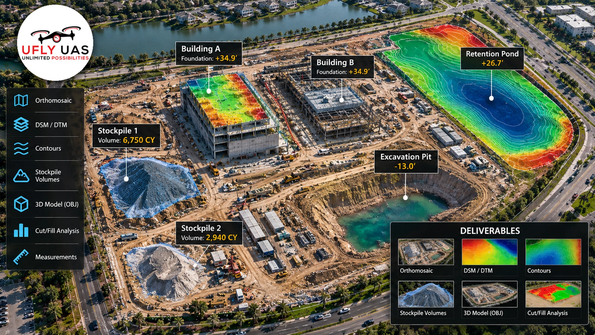 UFLYUAS construction mapping illustration with aerial site imagery, contours, stockpile volumes and 3D mapping outputs